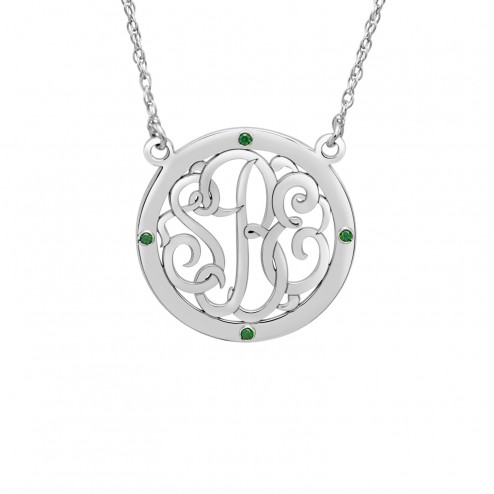White Birthstone Halo Classic Script Monogram Necklace (25mm) Personalized Jewelry